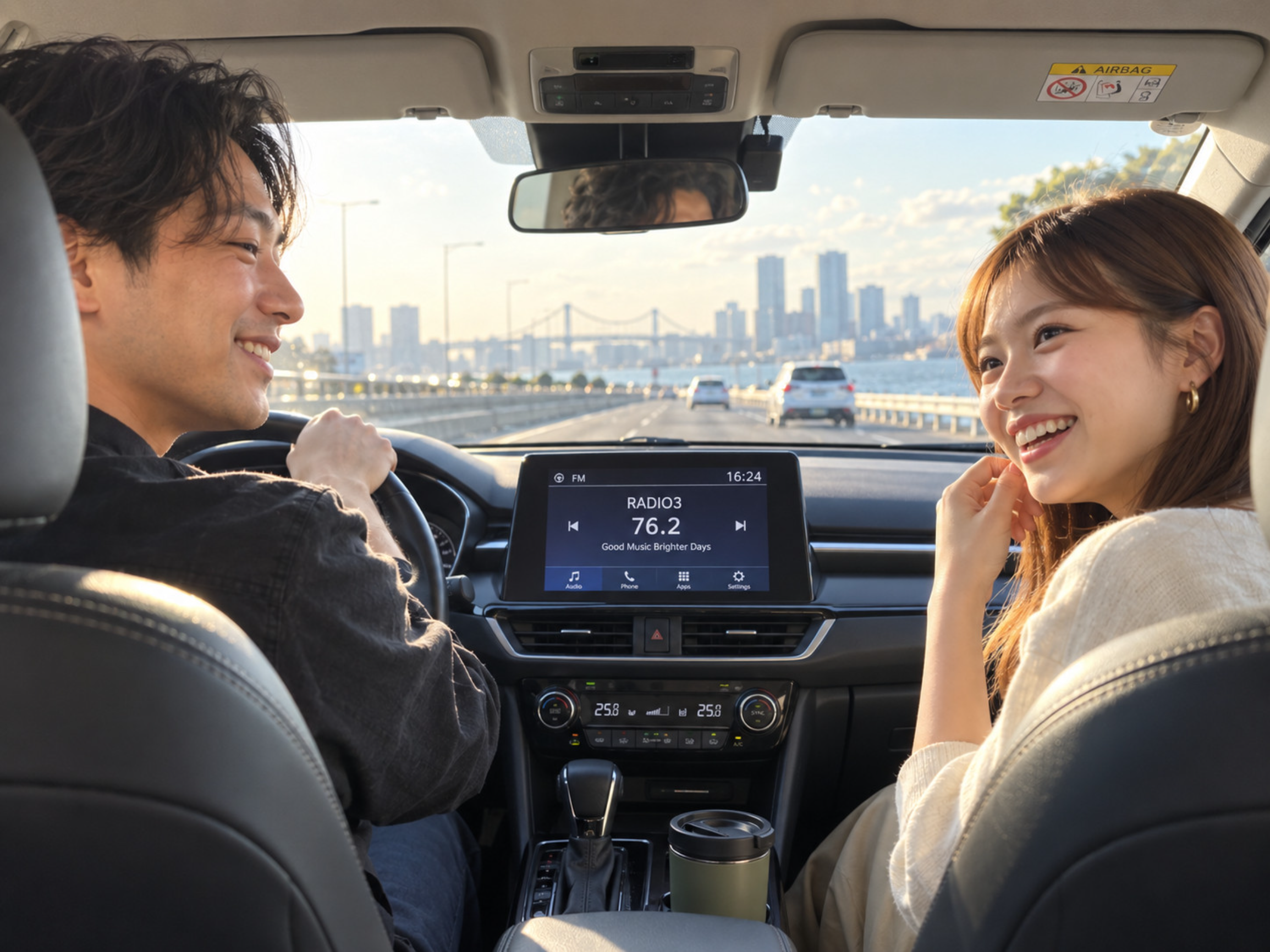 車内でラジオを楽しむ2人