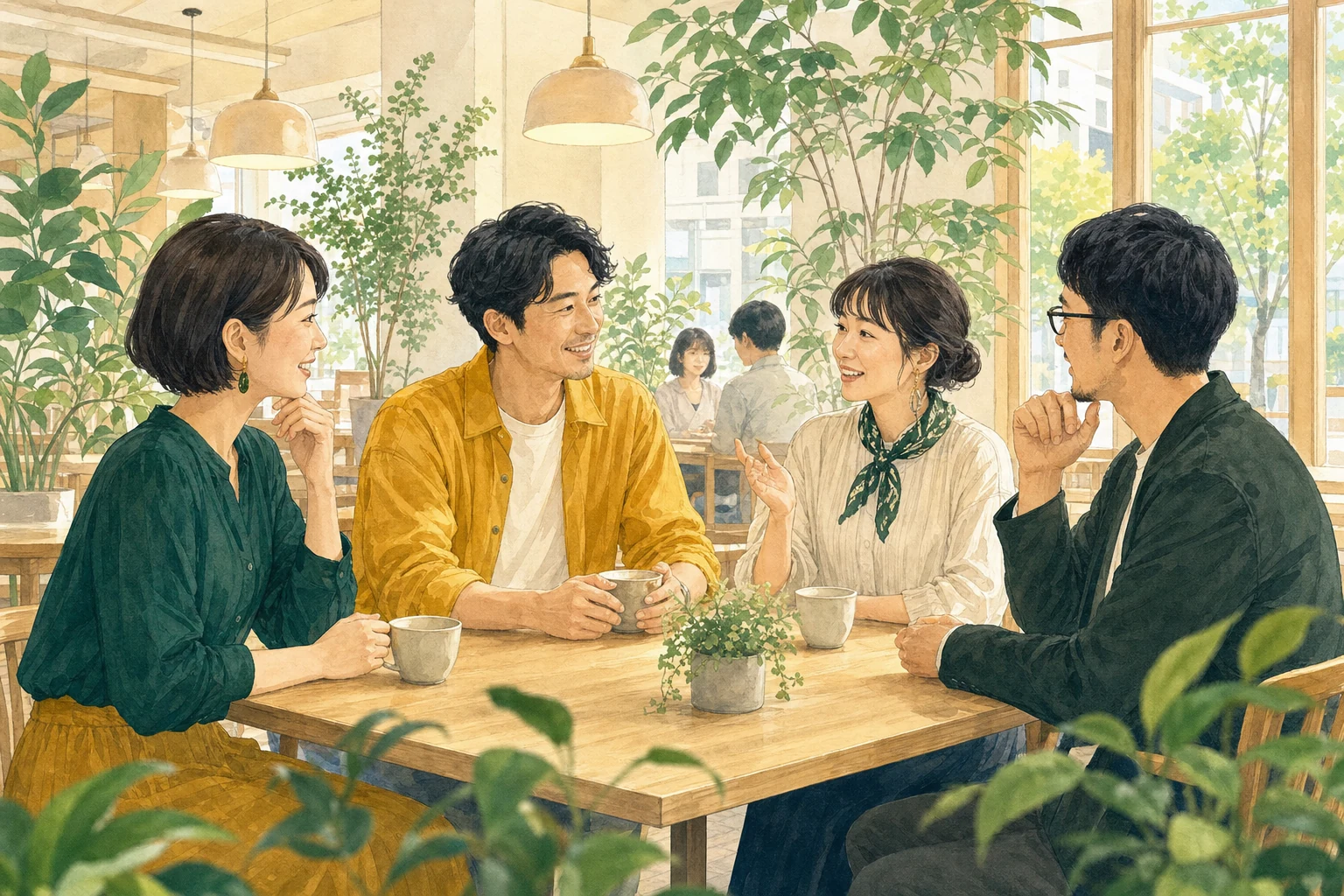 植物のある仙台のカフェで温かく会話する福耳恋カフェ交流会